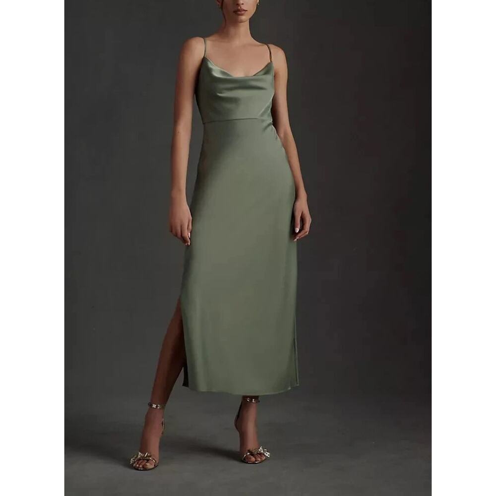 BHLDN Cali Satin Charmeuse Dress Moss Green Draped Cowl Bridesmaid Wedding SZ 6
